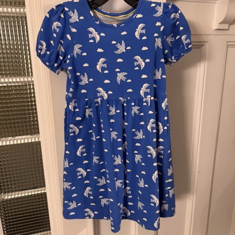 Mini Boden Girls Puff Sleeve Cotton Dress Blue & White Sz 6-7 Years